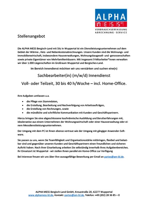 Stellenangebot Innendienst